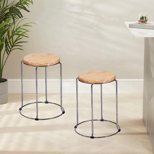NGFC - SITTING ENVIRONMENT SOLUTIONS NGFC Steel Stool with Wooden Round Top Multipurpose IndoorOutdoor Stool for Home Kitchen Office Caf Medical and Bar Use Pack of 2 - Image 1
