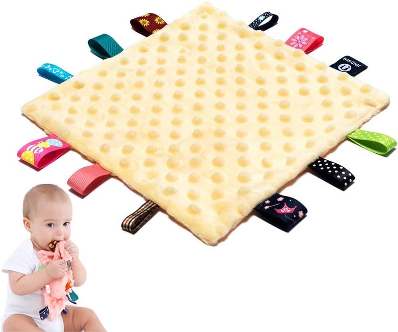 AnjeeIOT Baby Tags Security Blankets - Baby Soothing Plush Blanket with Colorful Tags, 10"x10" Square Sensory Toys, Lovey for 3 Months+ Babies Boys and Girls (Yellow) - Image 1