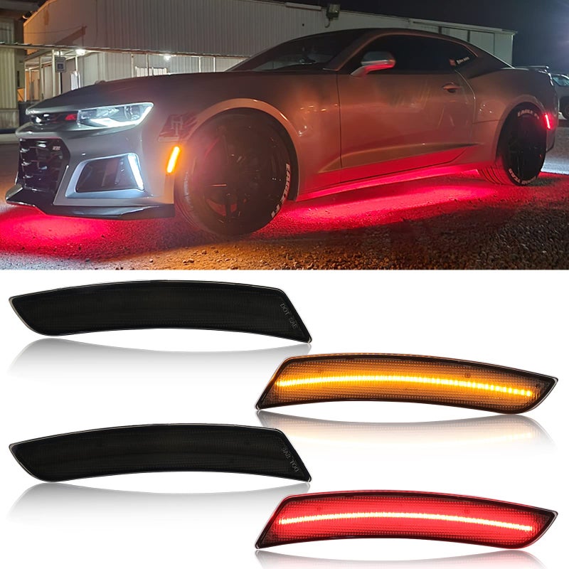 Aexploer LED Side Marker Lights Kits Compatible with Camaro 20162024 Smoked Lens Front AmberRear Red Bumper Side Marker Lamp Turn Signal Light Assembly Replacement 4PCS