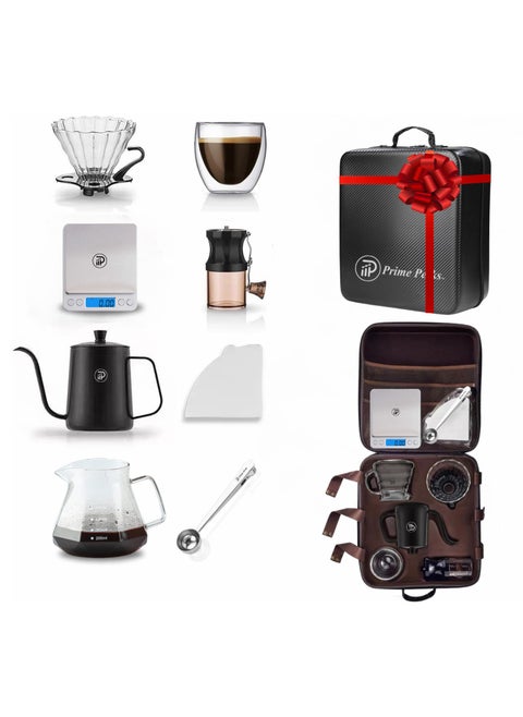 Prime Perks® | V60 Pour Over Coffee Set - Portable Coffee Kit with V60 Kettle, Digital Scale, Double Walled Mug, Glass Server, Manual Grinder, Glass Dipper, 100 Paper Filters & Coffee Scoop