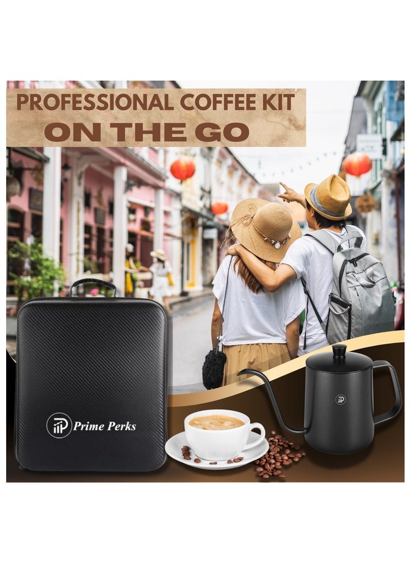 Prime Perks® | V60 Pour Over Coffee Set - Portable Coffee Kit with V60 Kettle, Digital Scale, Double Walled Mug, Glass Server, Manual Grinder, Glass Dipper, 100 Paper Filters & Coffee Scoop