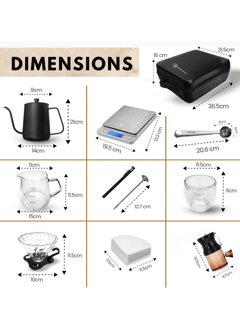 Prime Perks® | V60 Pour Over Coffee Set - Portable Coffee Kit with V60 Kettle, Digital Scale, Double Walled Mug, Glass Server, Manual Grinder, Glass Dipper, 100 Paper Filters & Coffee Scoop