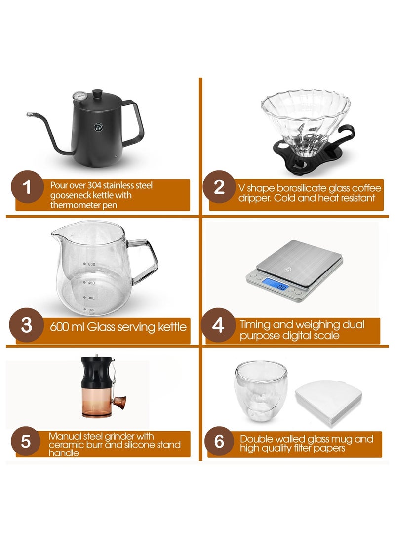 Prime Perks® | V60 Pour Over Coffee Set - Portable Coffee Kit with V60 Kettle, Digital Scale, Double Walled Mug, Glass Server, Manual Grinder, Glass Dipper, 100 Paper Filters & Coffee Scoop