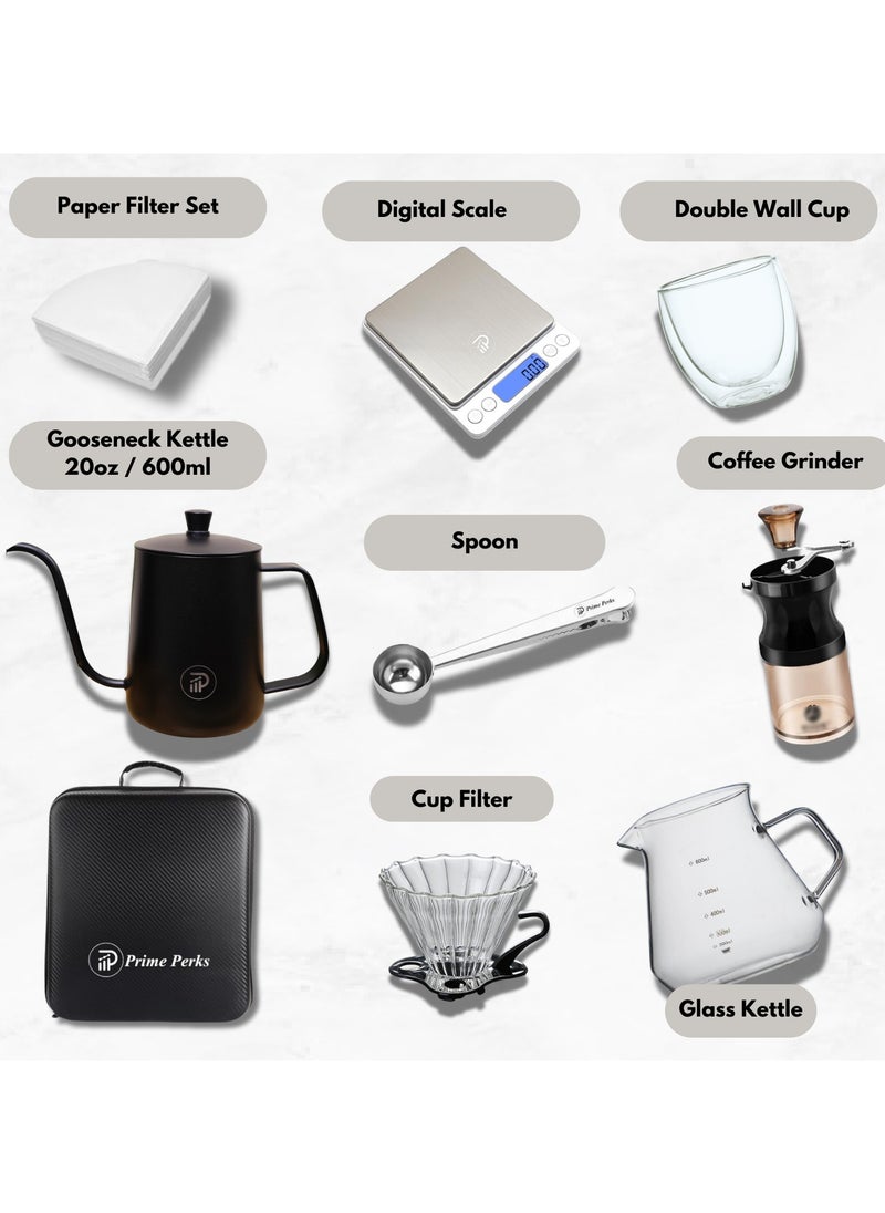 Prime Perks® | V60 Pour Over Coffee Set - Portable Coffee Kit with V60 Kettle, Digital Scale, Double Walled Mug, Glass Server, Manual Grinder, Glass Dipper, 100 Paper Filters & Coffee Scoop