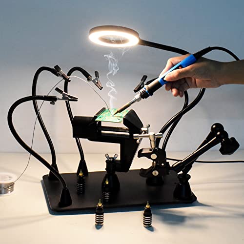 NOEVSBIG Magnetic Helping Hands Soldering Third Hand, PCB Circuit Board Holder with 3X LED Magnifying Lamp, 360 Hot Air Gun Holder, Extra Large & Heavy Duty Base Plate | Flexible Arms for Soldering Station - Image 2