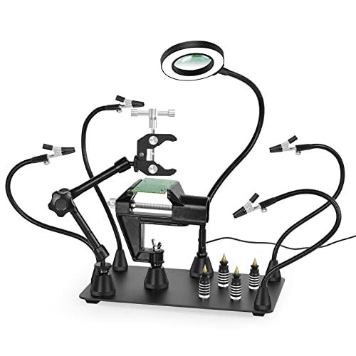 NOEVSBIG Magnetic Helping Hands Soldering Third Hand, PCB Circuit Board Holder with 3X LED Magnifying Lamp, 360 Hot Air Gun Holder, Extra Large & Heavy Duty Base Plate | Flexible Arms for Soldering Station - Image 1