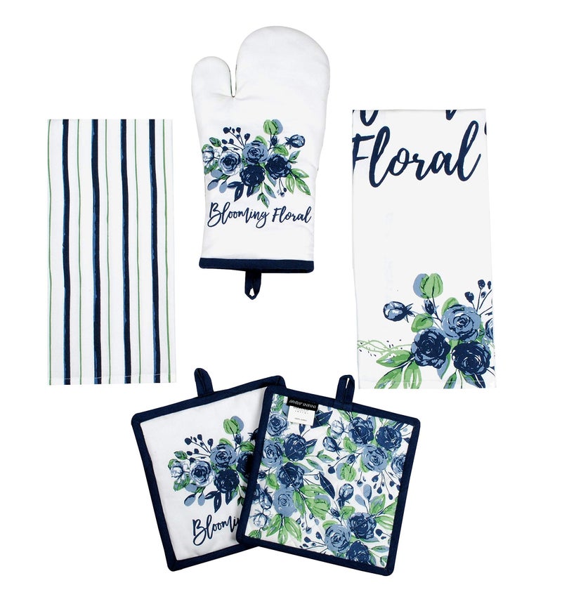 AMOUR INFINI AMOUR INFINI Pot Holders Oven Mitt and Kitchen Towel Heat Resistant 5Piece Cotton Kitchen Set Perfect for Cooking Baking and Grilling Gift Set Blooming Floral