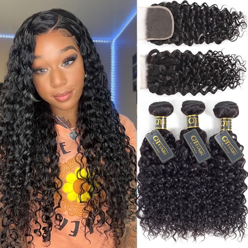 QTHAIR 16A Brazilian Hair Weave Bundles Wave Wave with Closure 18 16 1412Free PartNatural Black 100 Unprocessed Human Hair with 4x4 Swiss Lace Frontal Closure