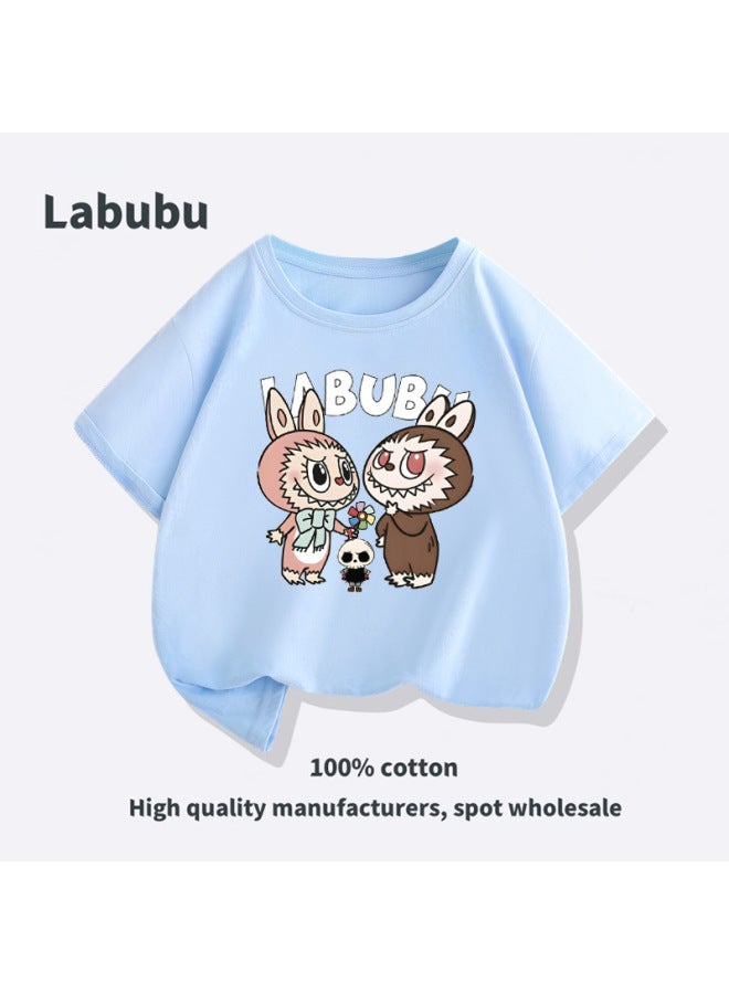 Labubu Parent-child Matching T-shirt Overseas Ready Stock Short Sleeve Tee Pure Cotton 200g Casual Top Trendy