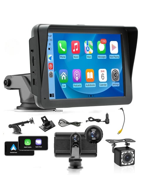Portable 7'' Touchscreen Wireless CarPlay for iPhone and Android Auto featuring Dash Cam 1080p Backup Camera Loop Recording Bluetooth FM GPS Navigation Mirror Link and WiFi Video