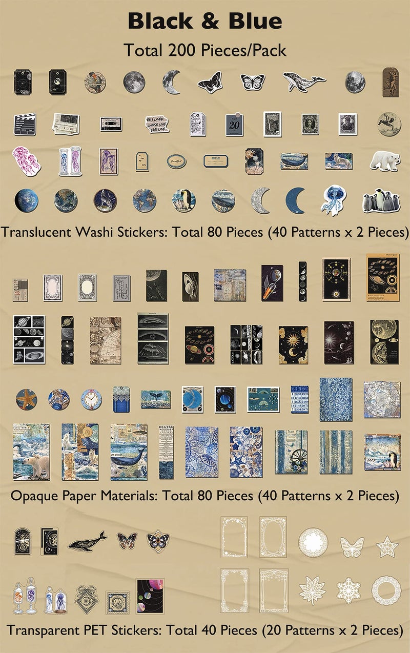 Knaid 200 Piece Vintage Ephemera Bundle - Paper & Sticker Kit for Junk Journaling, Scrapbooking, Planners, Bullet Journals, Collage, Decoupage - Black/Blue Tones - Image 2