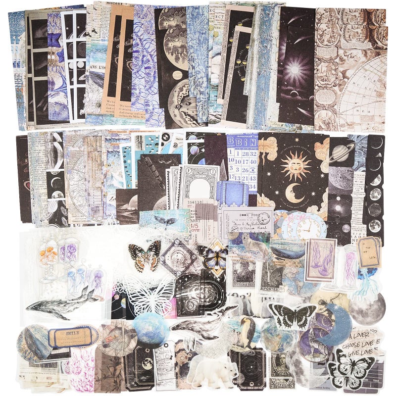 Knaid 200 Piece Vintage Ephemera Bundle - Paper & Sticker Kit for Junk Journaling, Scrapbooking, Planners, Bullet Journals, Collage, Decoupage - Black/Blue Tones - Image 1