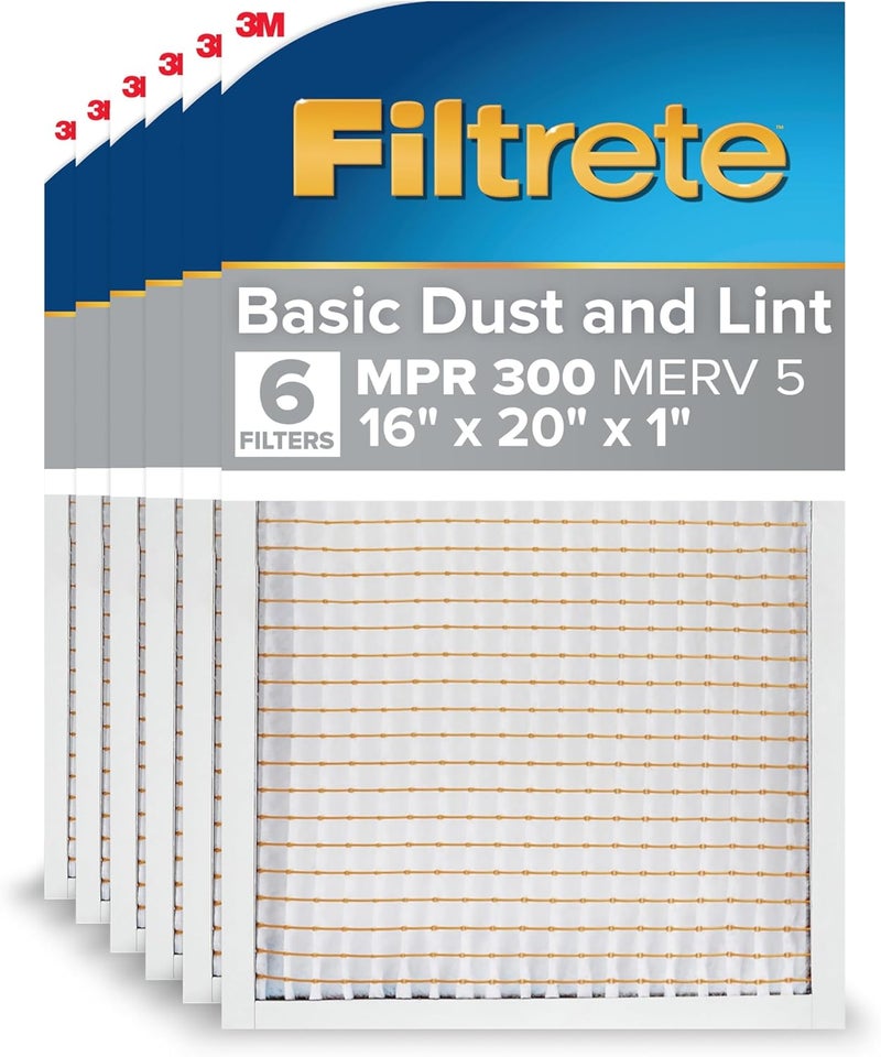 FILTRETE 16x20x1 AC Furnace Air Filter, MERV 5, MPR 300, Capture Unwanted Particles, 3-Month Pleated 1-Inch Electrostatic Air Cleaning Filter, 6-Pack (Actual Size15.69x19.69x0.81 in) - Image 1