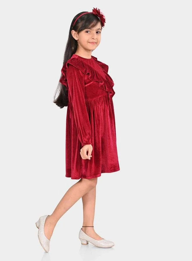 Bonkids Girl's Maroon 100% Cotton Printed Regular Fit Dress