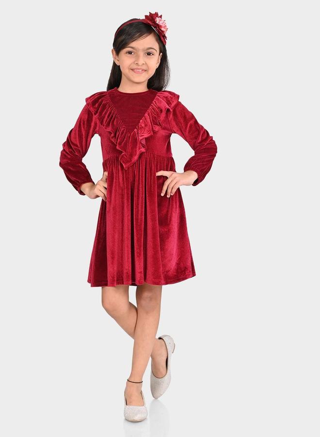 Bonkids Girl's Maroon 100% Cotton Printed Regular Fit Dress - Image 1