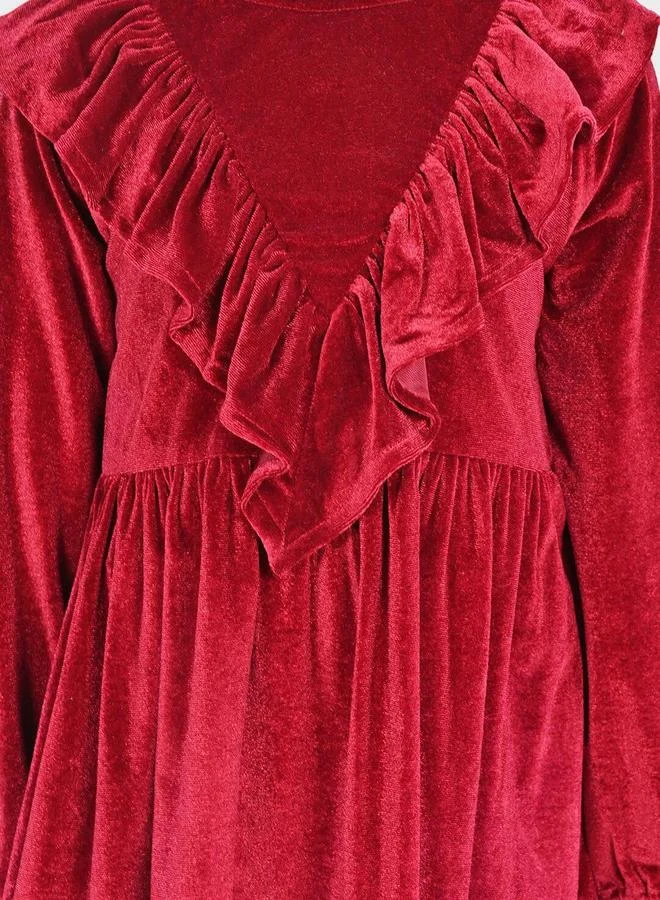 Bonkids Girl's Maroon 100% Cotton Printed Regular Fit Dress