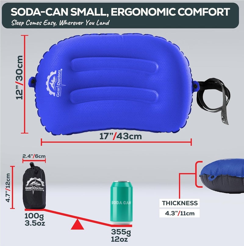 Gear Doctors 3.5oz Compact Ultralight Inflatable Camping Pillow — Inflatable Camp Pillow — Backpacking Pillows Ultralight— Camping Pillows for Sleeping, Hiking, Traveling, Beach, Office Working [Blue] - Image 2