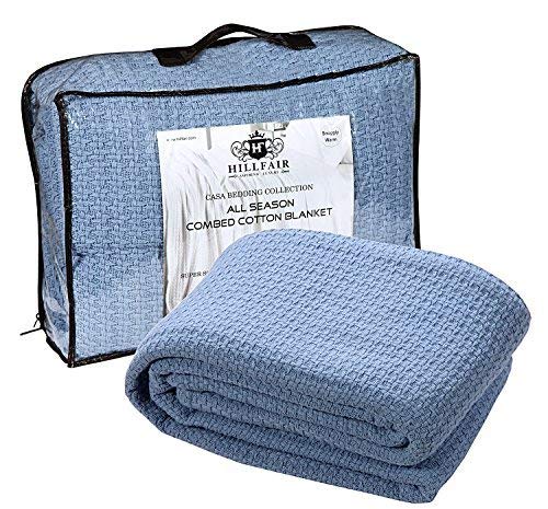 HILLFAIR 100% Combed Cotton Blanket– California King Size Bed Blanket – Warm Soft All Season Breathable Blankets – 102 x 108 inch Extra Large Oversized California King Cotton Blankets for Bed- Blue - Image 1