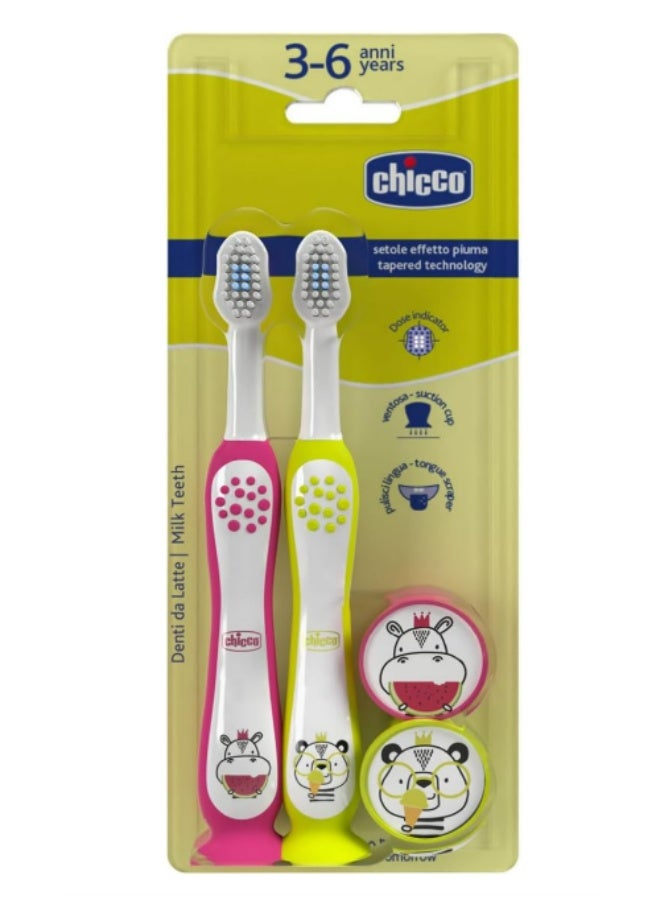 Chicco 2 x Toothbrush Set with Suction Cup with Rounded Head, Soft Bristles Gentle on Gums and Teeth, Large Non-Slip Handle, Includes Toothbrush Case, 3-6 Years, Baby Girl
