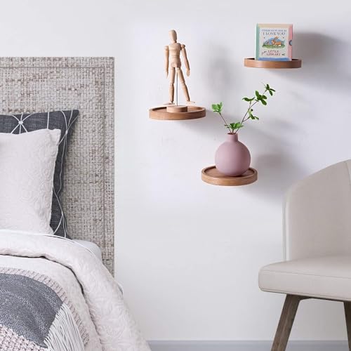 UHUD CRAFTS Decorative Set of 3 Small Round Wooden Wall Shelves - Space-Saving Solid Wood Floating Shelves | Wooden Wall Mounted Plant Shelves for Home Decor - Image 4