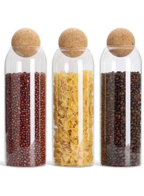Glass Jar with Ball Cork Lid, Glass Canister with Wood Lid, Storage Container Jars for Coffee, Tea, Spice, Sugar, Salt, Set of 3 (3 PC, 1200ml)