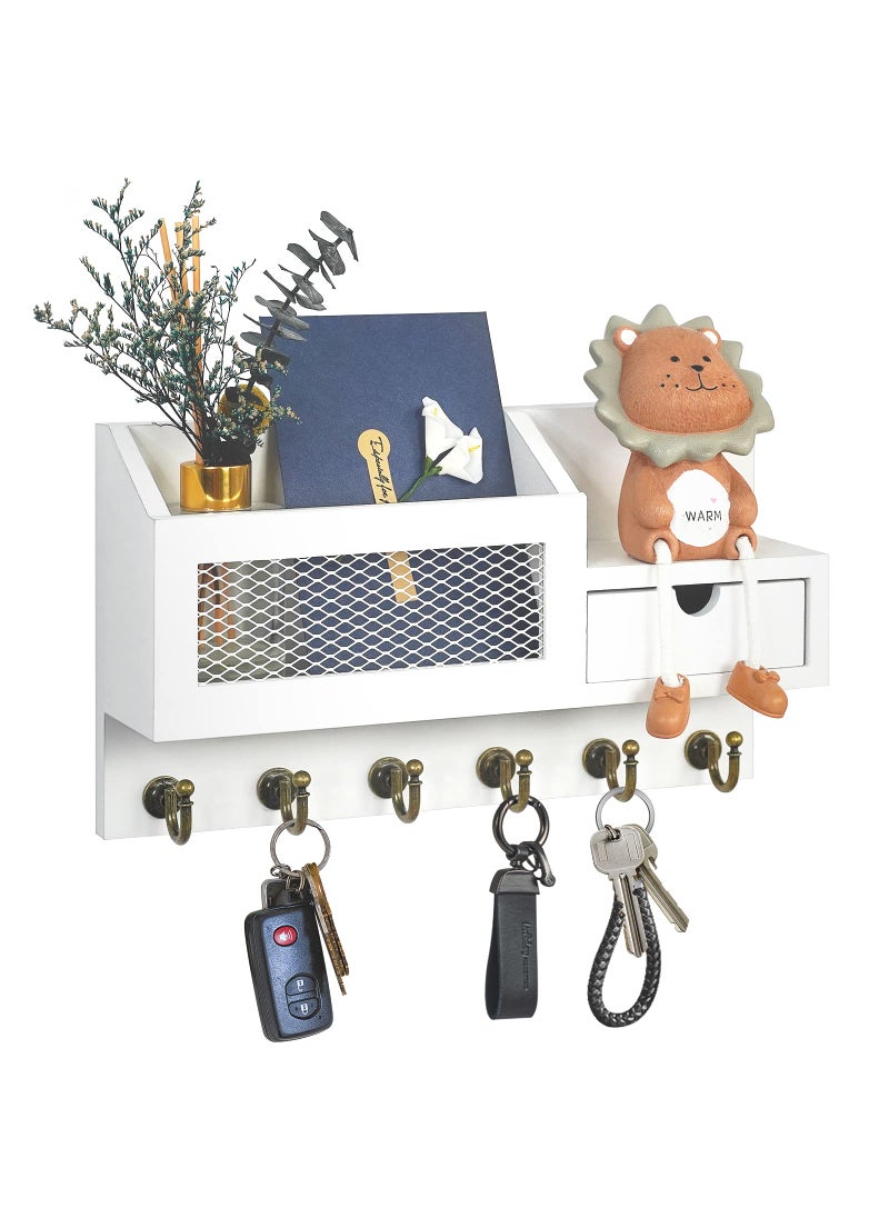 FifthQuarter FifthQuarter Key and Mail Holder for Wall Mail Organizer Wall Mount with 6 Hooks and Storage Drawer Easy Installation Key Rack for Entryway and Home Decor BWhite 