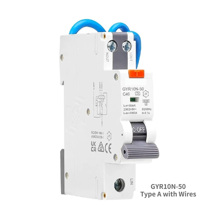 GYR10N 50 النوع A 40A 30mA RCBO 1P N قاطع دائرة التيار المتبقي مع حماية من التسرب الزائد - Image 4