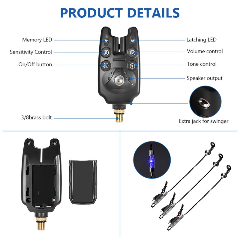 COONOR Bite Alarm: 2 Black LED Swingers - High Sensitivity Adjustable Tone Audio Visual Alerts for Night Fishing - Image 4