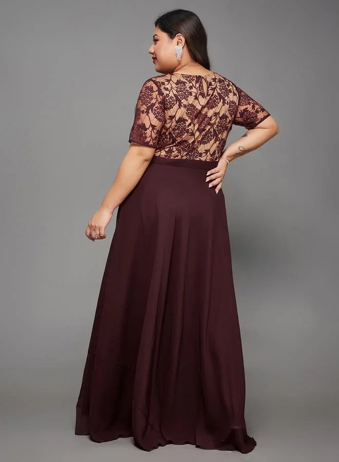 Miss Chase Miss Chase Plus Size Burgundy A-Line Maxi Dress