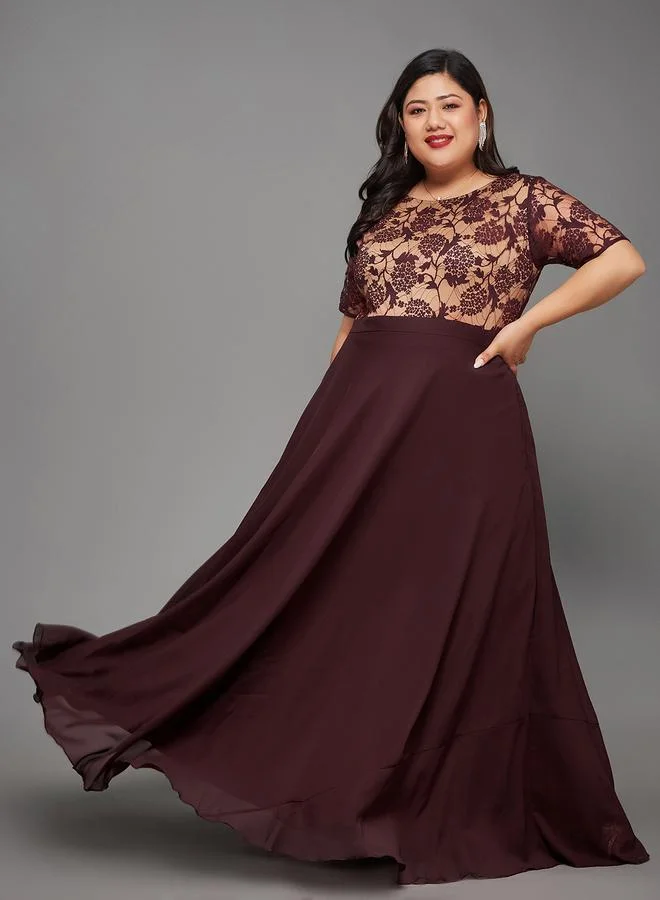 مس تشايس Miss Chase Plus Size Burgundy A-Line Maxi Dress