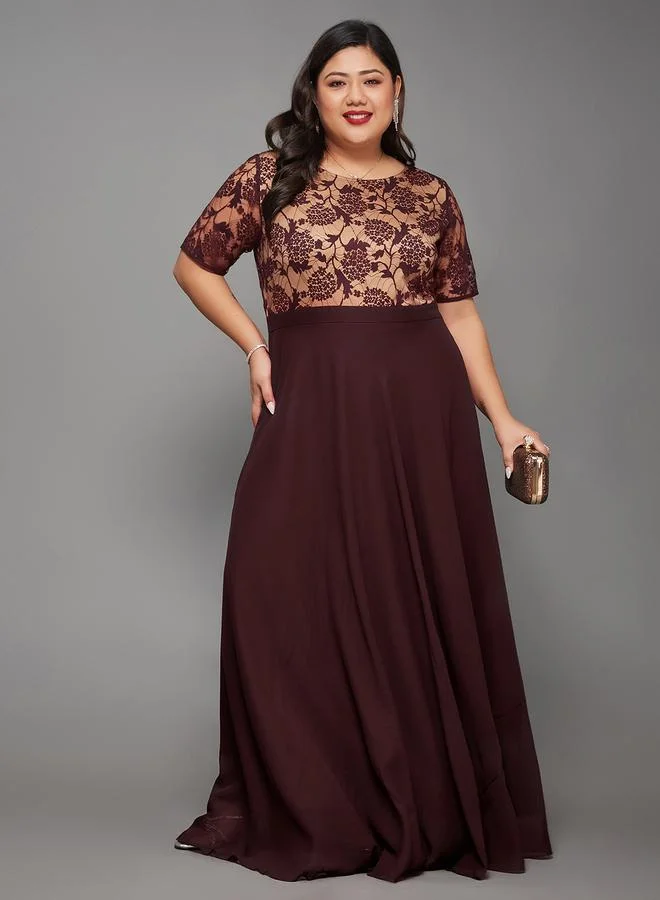 مس تشايس Miss Chase Plus Size Burgundy A-Line Maxi Dress