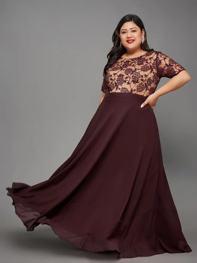 Miss Chase Plus Size Burgundy A-Line Maxi Dress