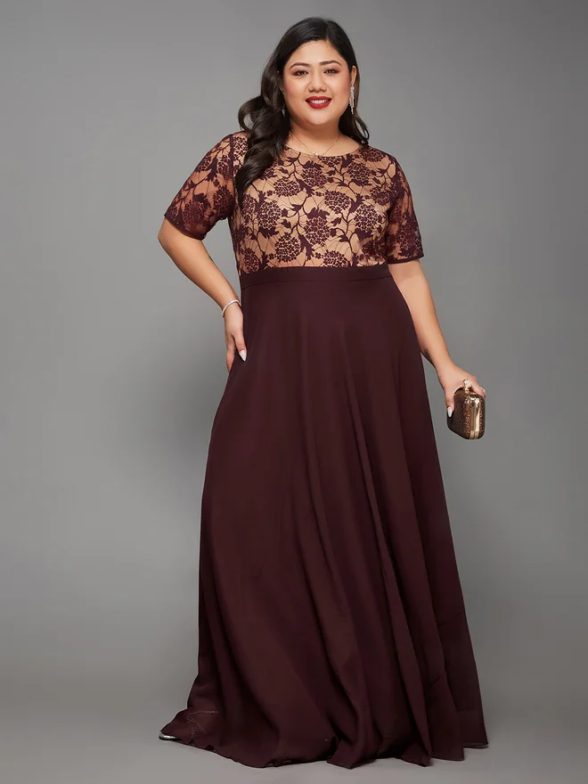 Miss Chase Plus Size Burgundy A-Line Maxi Dress