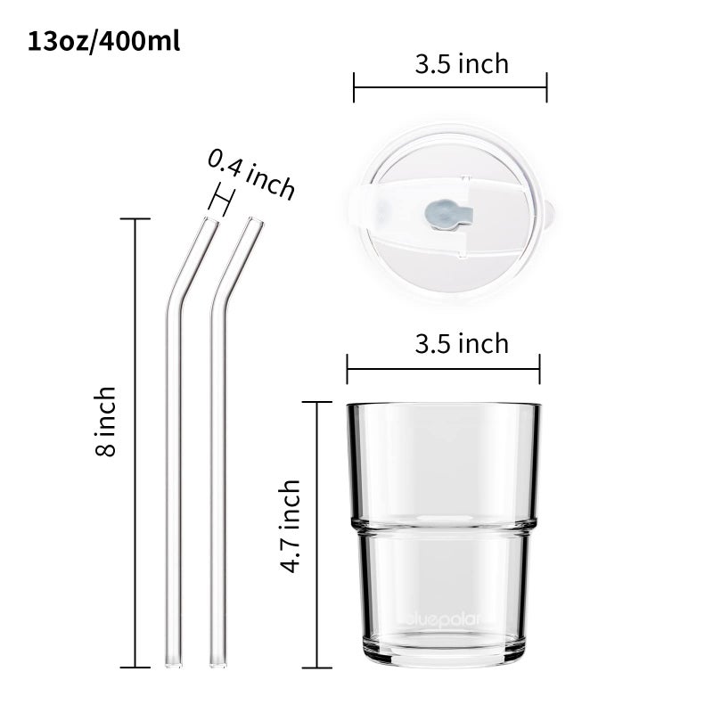 BLUEPOLAR 13oz/400ml Glass Water Tumbler with Straw and Lid Sealed Carry On Thick Wall Iced Coffee Cup Glass Cup for Water, Iced Tea Fruit Juice Etc (White-2Pack) - Image 4