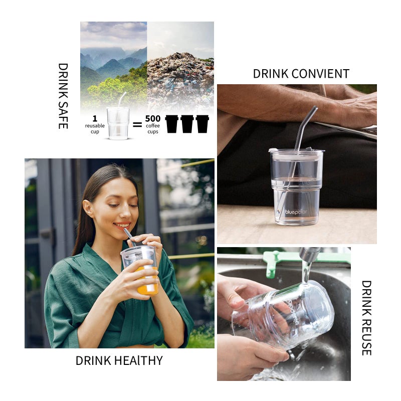 BLUEPOLAR 13oz/400ml Glass Water Tumbler with Straw and Lid Sealed Carry On Thick Wall Iced Coffee Cup Glass Cup for Water, Iced Tea Fruit Juice Etc (White-2Pack) - Image 5