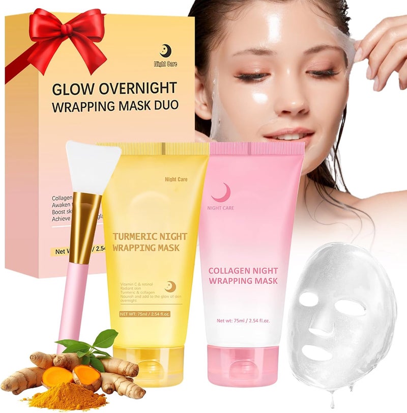 Collagen Night Wrapping Mask Turmeric Overnight Mask with Brush Set 2in1 Overnight Face Mask Treatment for Glowing Skin Reducing Sagging Dullness Deep Hydration for Dry Mature Skin