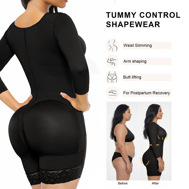 SHAPERX Women's Fajas Colombianas Shapewear Postpartum Tummy Control Arm Slimming Full Body Shaper with Zipper Crotch, SZ7503-Black-M - Image 5
