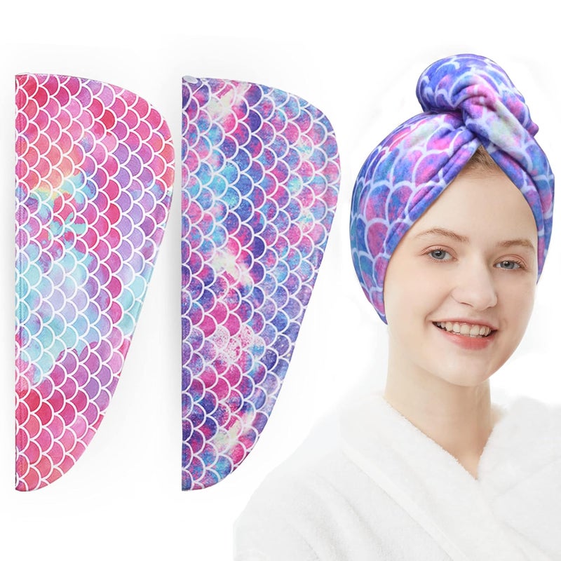 ELLEWIN Microfiber Hair Towel Wrap for Kids Girls 2 Pack Hair Turban Drying for Women Set Absorbent Quick Dry Twisty Anti Frizz Towel for Curly Long Thick Hair Mermaid