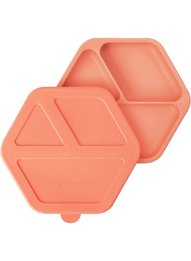 Tiny Twinkle Silicone Suction Baby Plate, Suction Grip Divided Dish for First Foods and Self-Feeding, 6-24 Months, Baby Led Weaning Supplies for Independent Eating (Coral, Plate with Lid) - Image 1