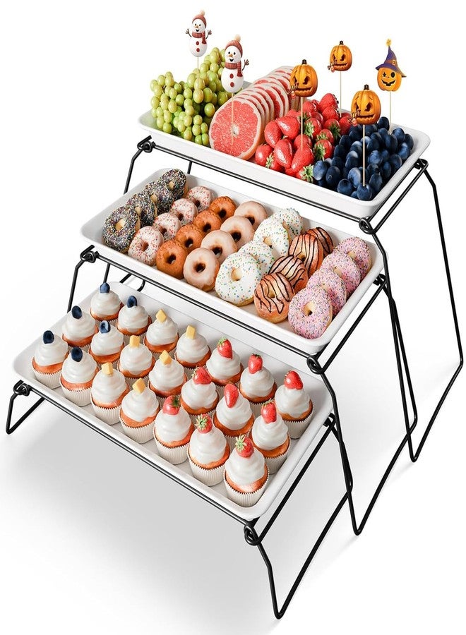 Bumusty Extra Large 3-Tier Melamine Serving Tray Set and Cupcake Stand for Party Events, 17" Platters with Tiered Stand, Holds 63 Cupcakes, Food, Dessert, and Fruit – Black - Image 1