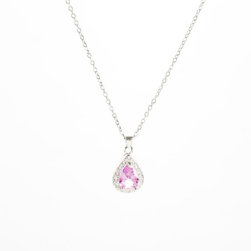 Silver Zirconic Stainless Steel Pink Water Drop Pendant Necklace - Image 2