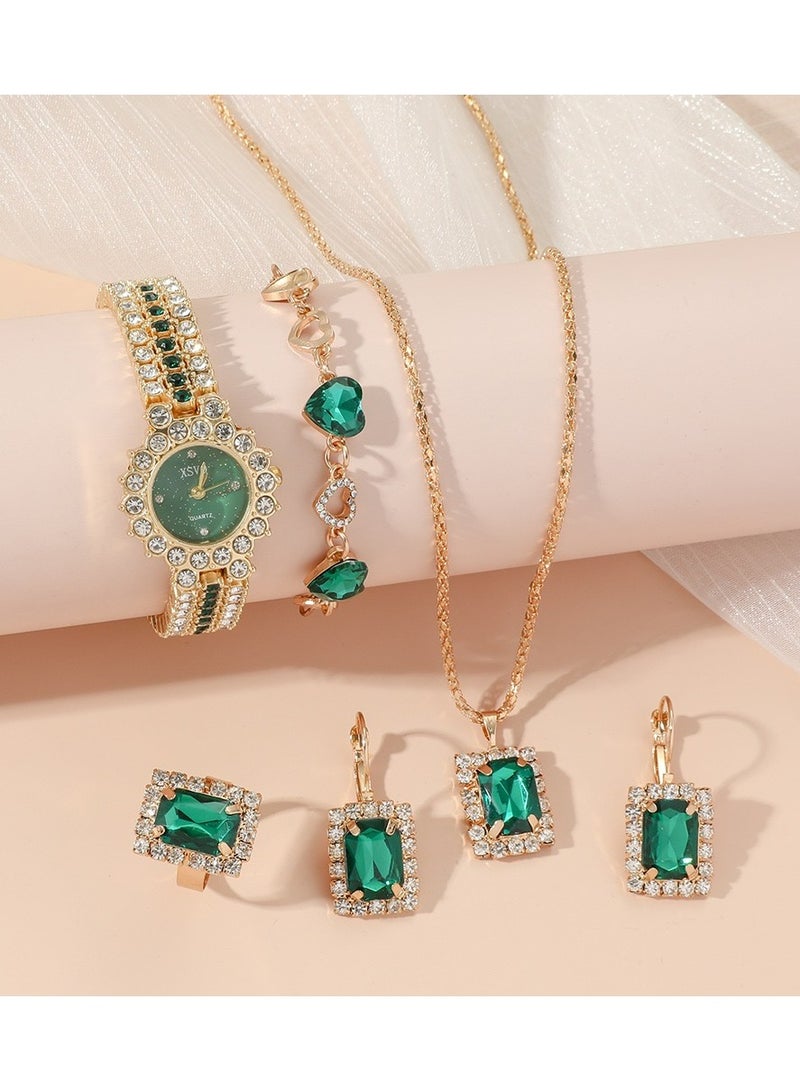 القمر 5 قطع السيدات مجوهرات ووتش قلادة أقراط خواتم أساور الذهب الأخضر النساء الأثرياء - Image 1