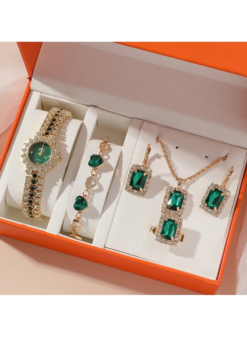 القمر 5 قطع السيدات مجوهرات ووتش قلادة أقراط خواتم أساور الذهب الأخضر النساء الأثرياء - Image 2