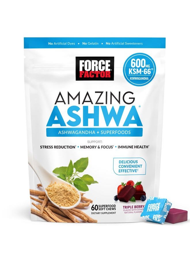 Force Factor Amazing Ashwa for Stress Relief, Memory, Focus, and Immune Support Health, Ashwaganda Supplement with KSM-66 Ashwagandha for Stress, 60 Soft Chews  - Image 1