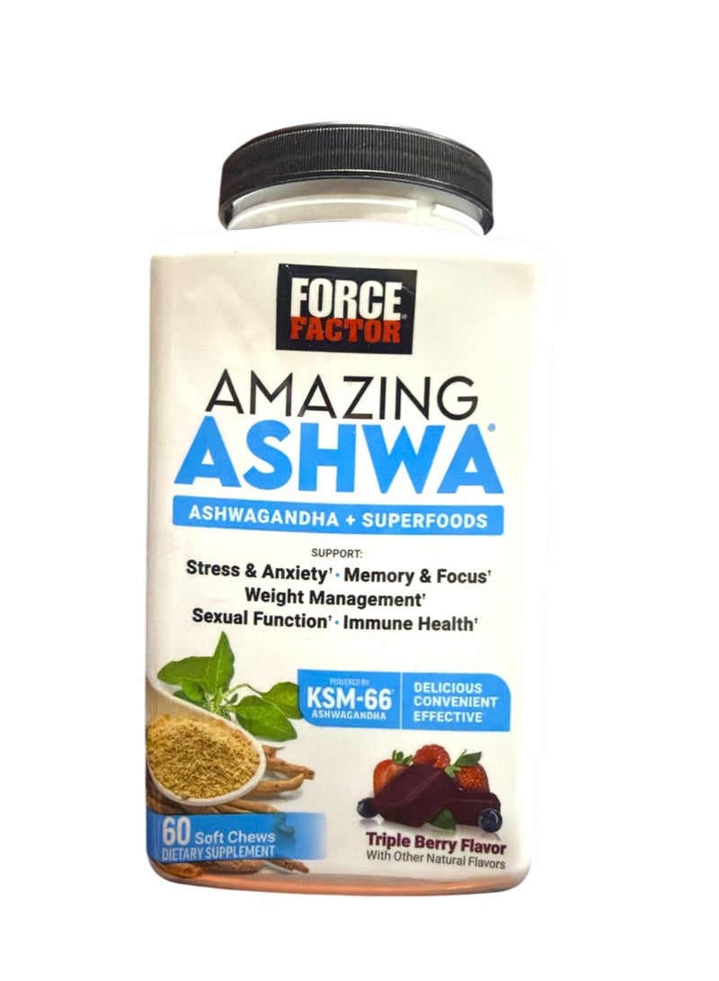Force Factor أشوا الرائعة لتخفيف التوتر، الذاكرة، التركيز، ودعم المناعة، مكمل أشواغاندا مع KSM-66 أشواغاندا للتوتر، 60 مضغاة لينة - Image 1