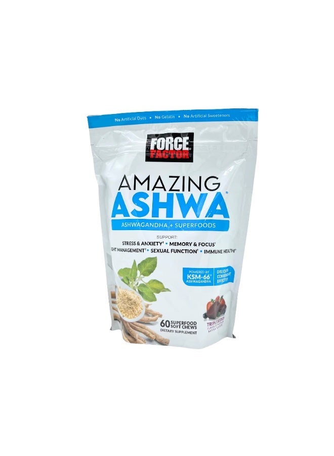 Force Factor أشوا الرائعة لتخفيف التوتر، الذاكرة، التركيز، ودعم المناعة، مكمل أشواغاندا مع KSM-66 أشواغاندا للتوتر، 60 مضغاة لينة - Image 1