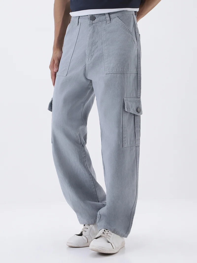 Urbano Fashion Men's Ice Grey Loose Fit Cargo Jeans with 6 Pockets Non-Stretchable