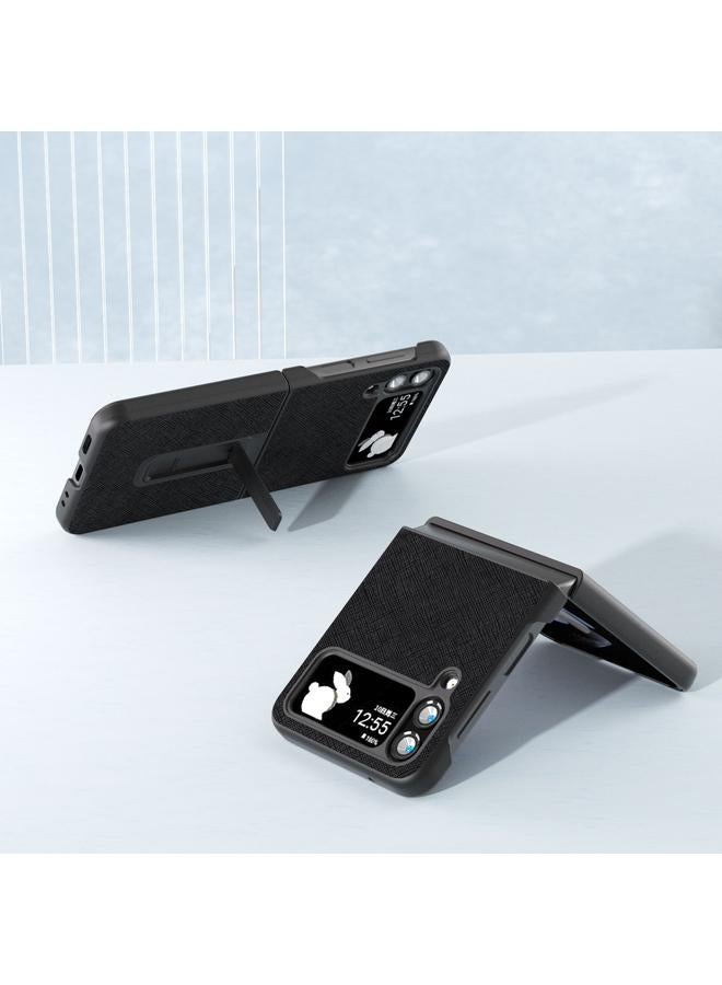 S-TOP Case For Samsung Galaxy Z Flip3 5G Cross Texture Genuine Leather Phone Case with Holder - Image 3