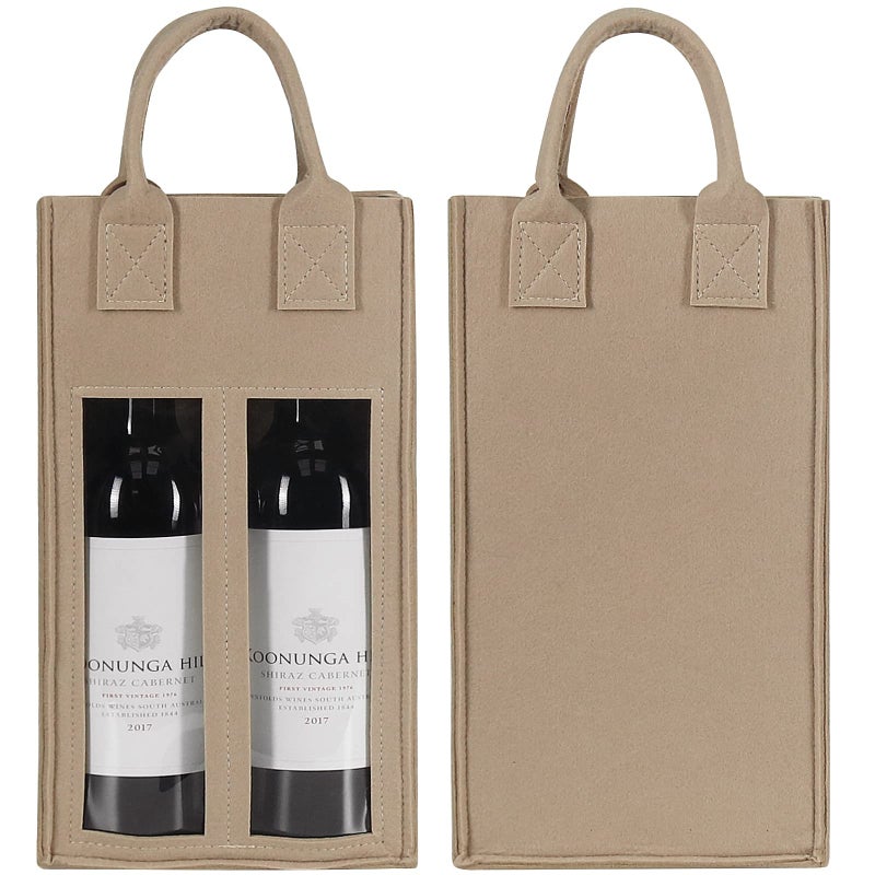 Shintop Double Wine Bag with Window Felt Bottle Gift Bag with Handle Reusable Wine Tote Carrier for Party Favors Travel Camping1pc beige