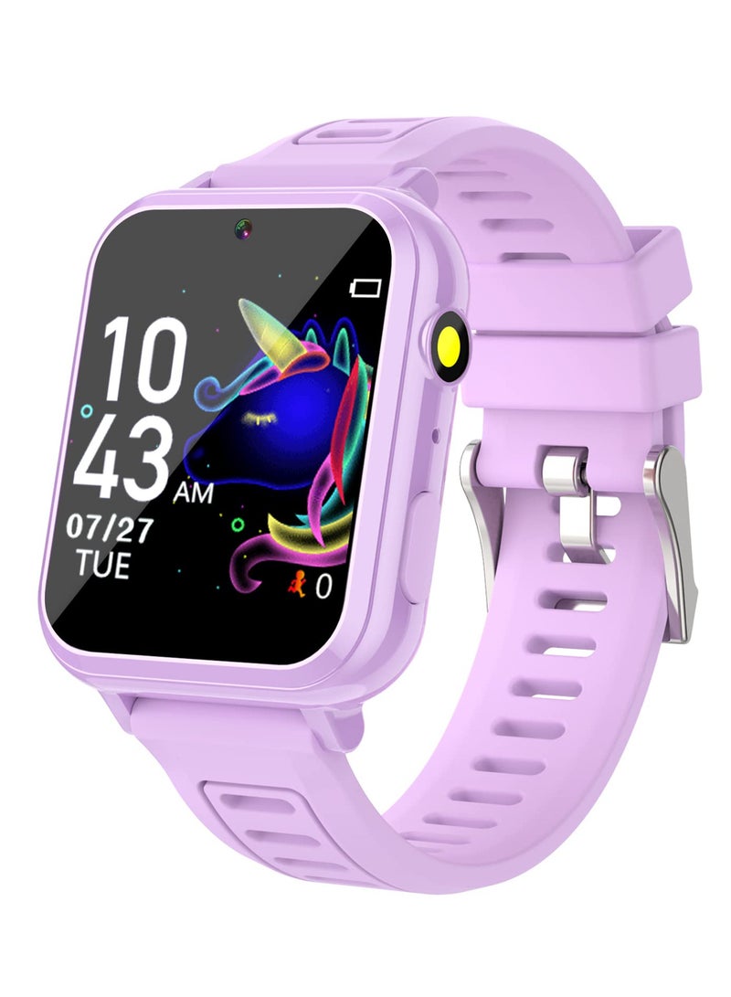 ساعة ذكية للأطفال، ساعة ألعاب ذكية مع 24 لعبة، شاشة تعمل باللمس عالية الدقة، فيديو، كاميرا، مشغل موسيقى، عداد الخطى، مصباح يدوي، ساعة منبه، ساعات أطفال للأولاد والبنات من 5-12 سنة (بنفسجي) - Image 1